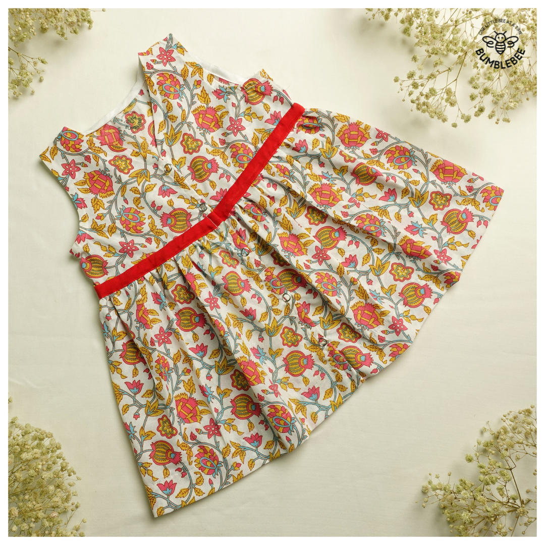 Blue Vine Pink Flowers Cotton Dress