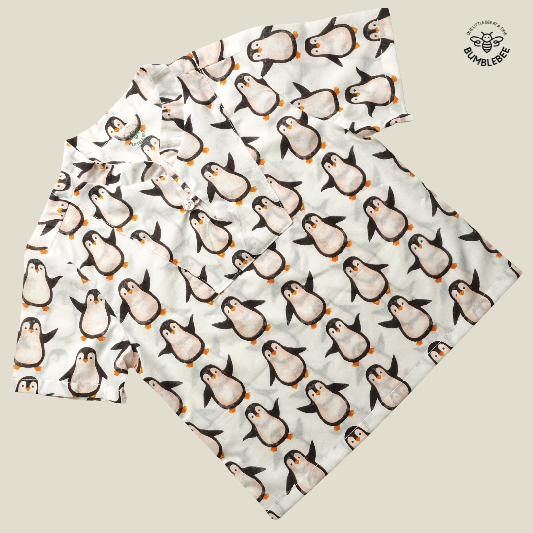 Happy Penguins Half Sleeve Mandarin Collar Shirt