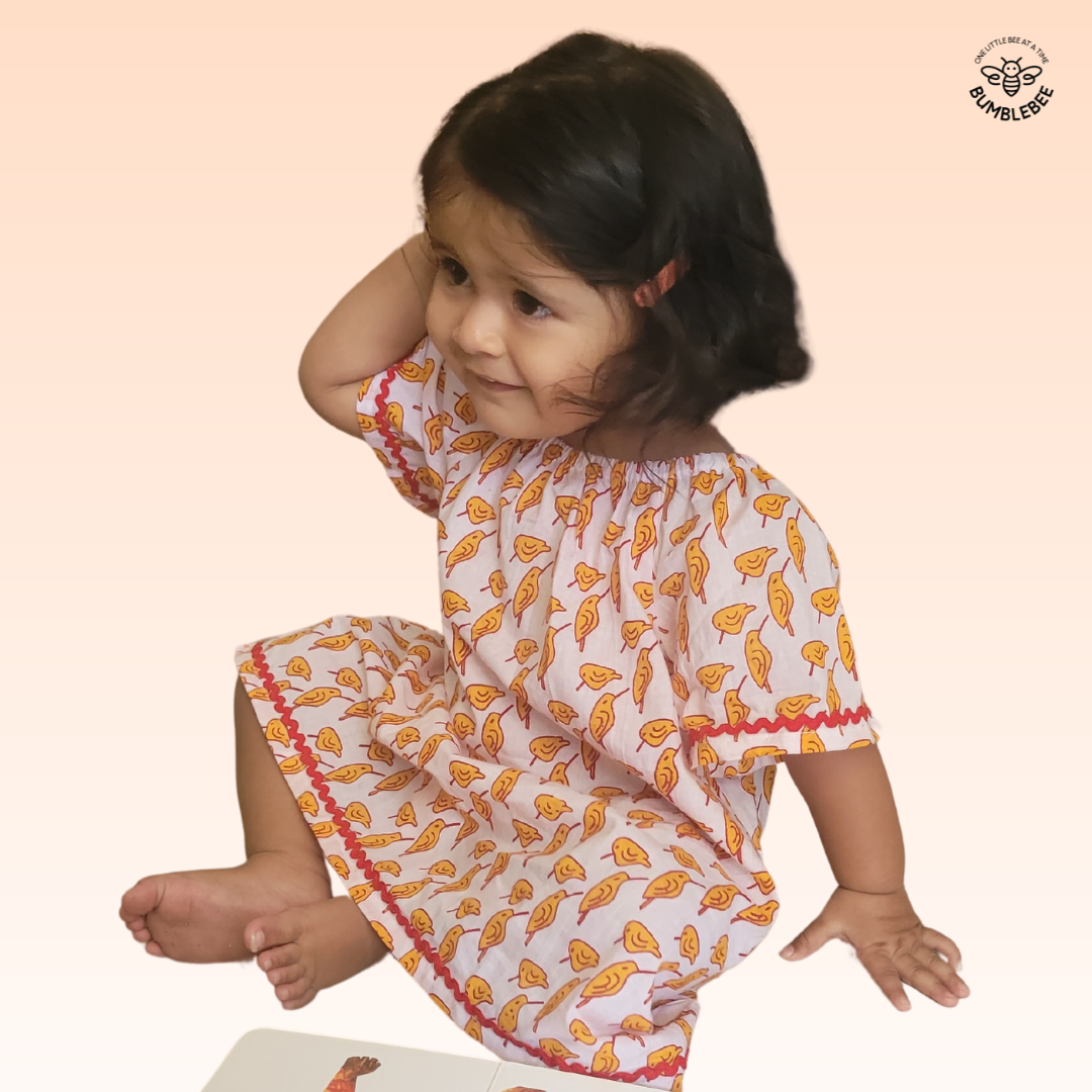 Orange Hummingbirds Cotton Smock Dress