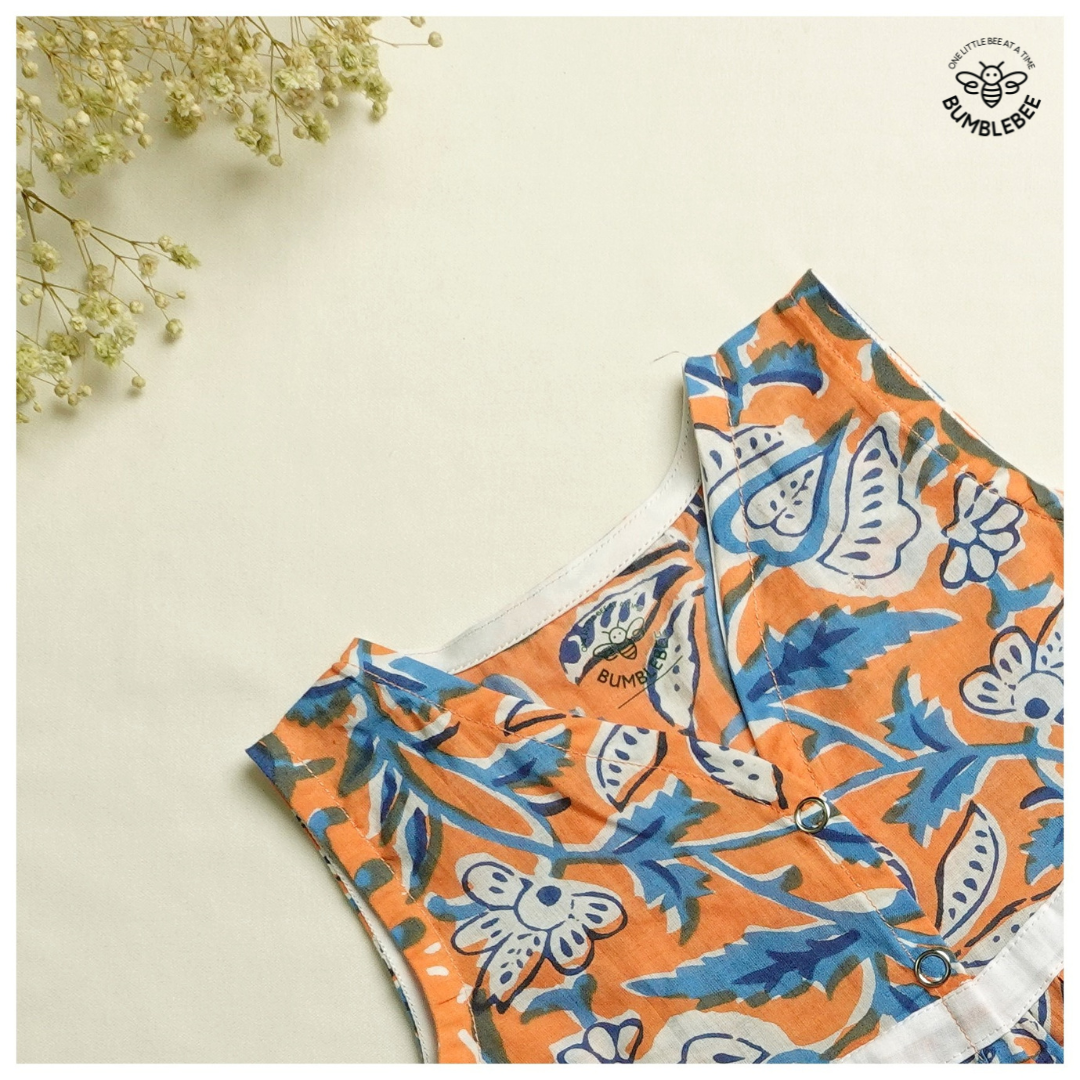 Orange Blue Flowers Cotton Dress