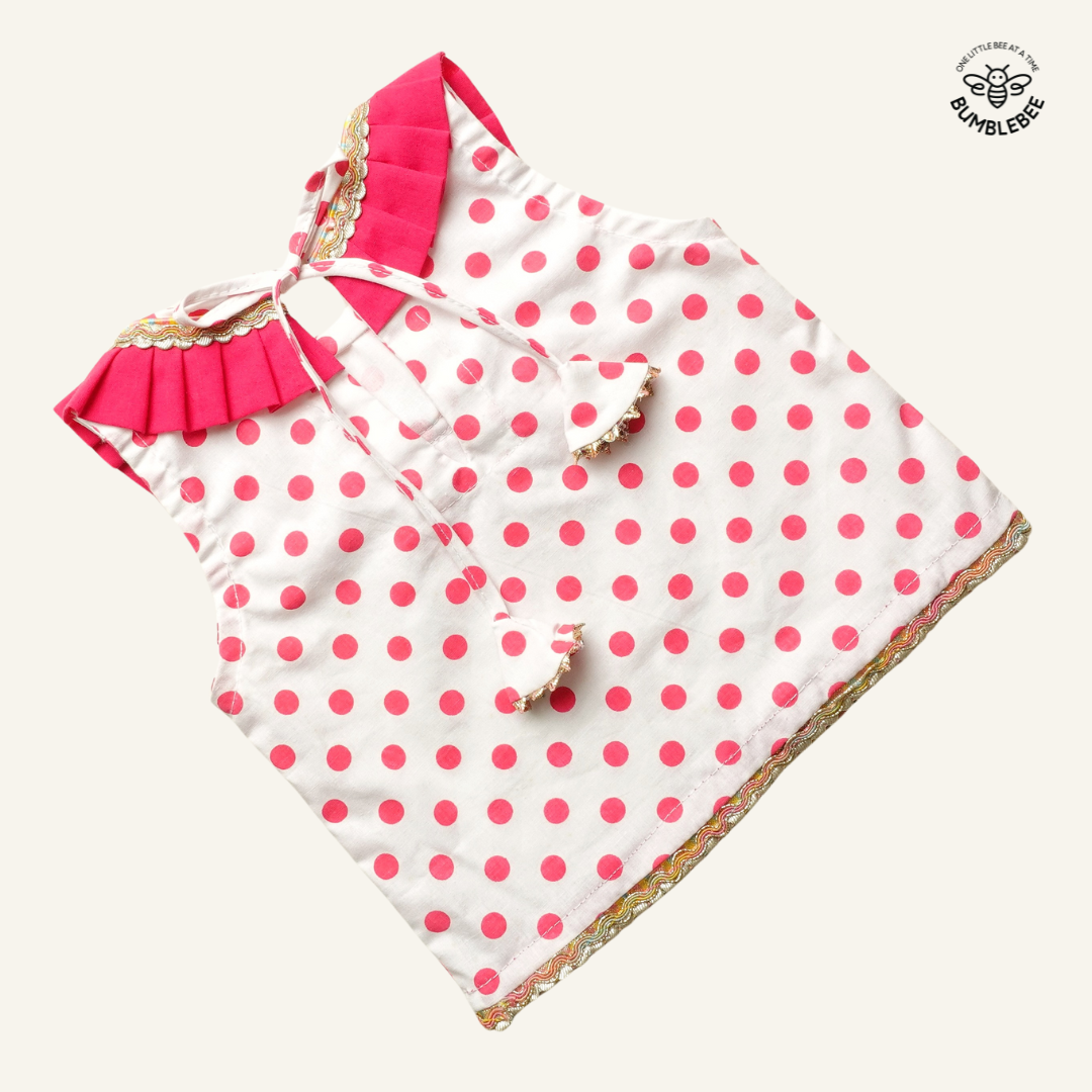 Pink Polka Dot Lehenga with Ruffle Trim and Gold Lace
