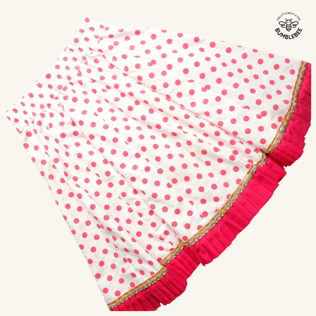 Pink Polka Dot Lehenga with Ruffle Trim and Gold Lace