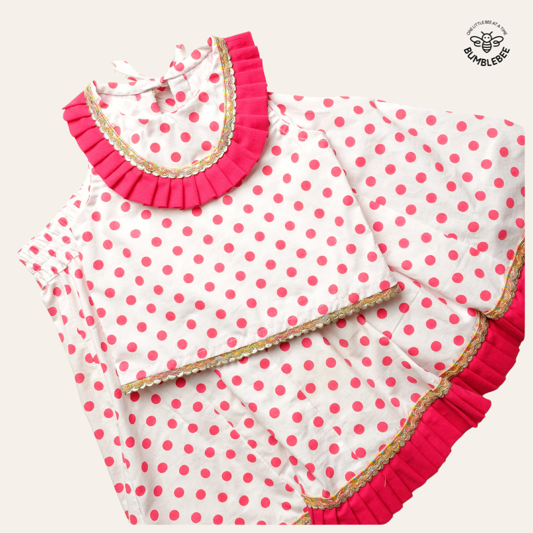 Pink Polka Dot Lehenga with Ruffle Trim and Gold Lace
