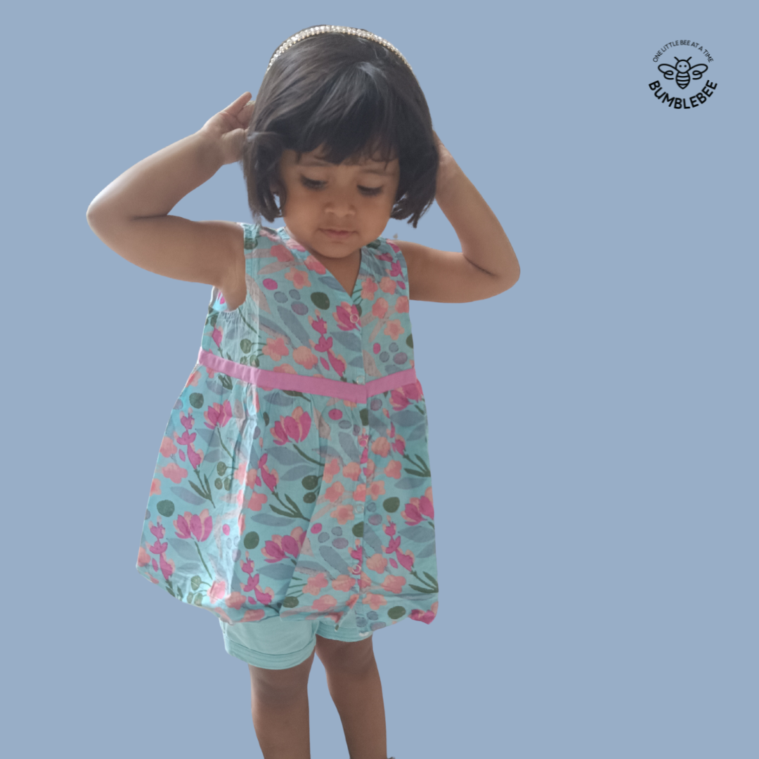 Pink on Blue Floral Cotton Dress