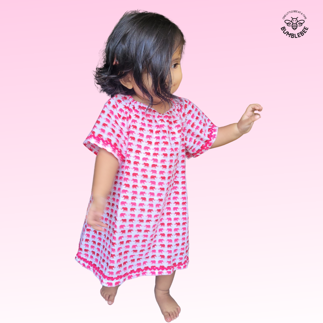 Red Elephants Cotton Smock Dress