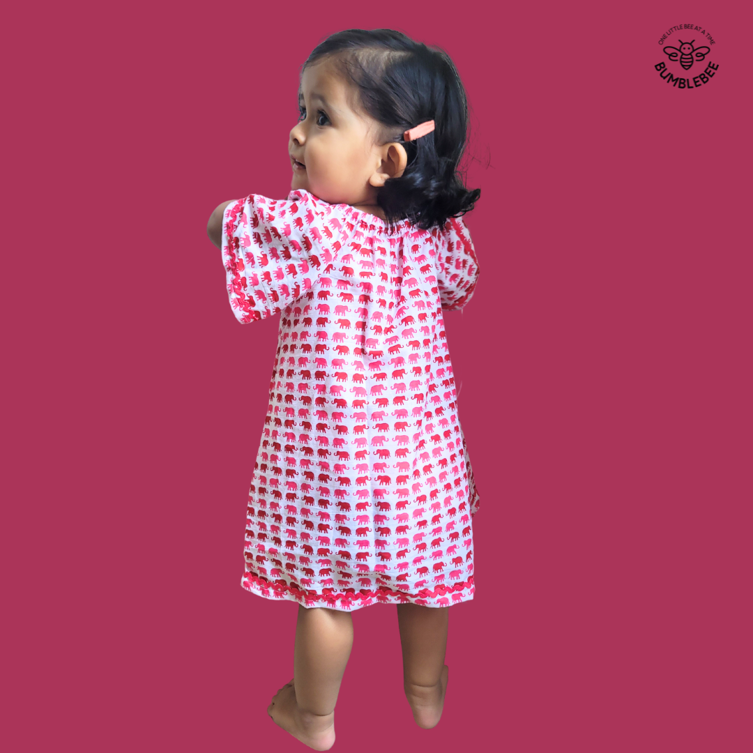 Red Elephants Cotton Smock Dress
