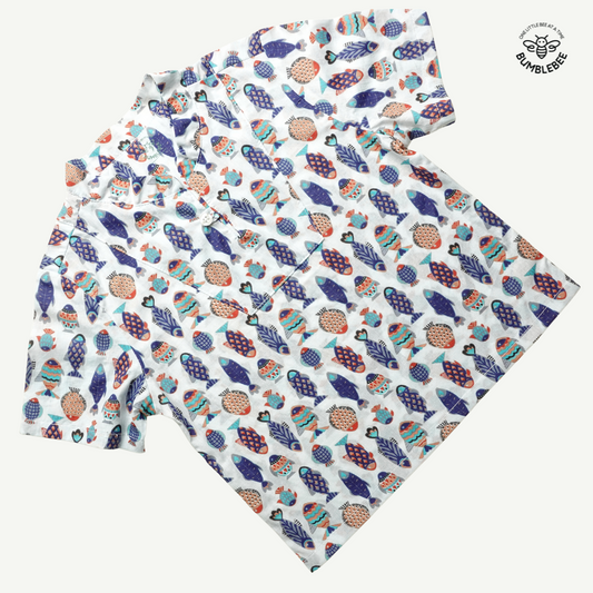 Blue Fishes Mandarin Collar Half Sleeve Shirt