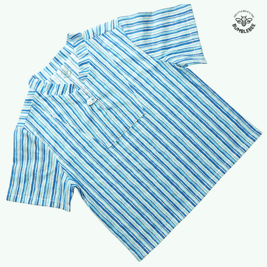 Mandarin Collar Half Sleeve Blue Striped Shirt