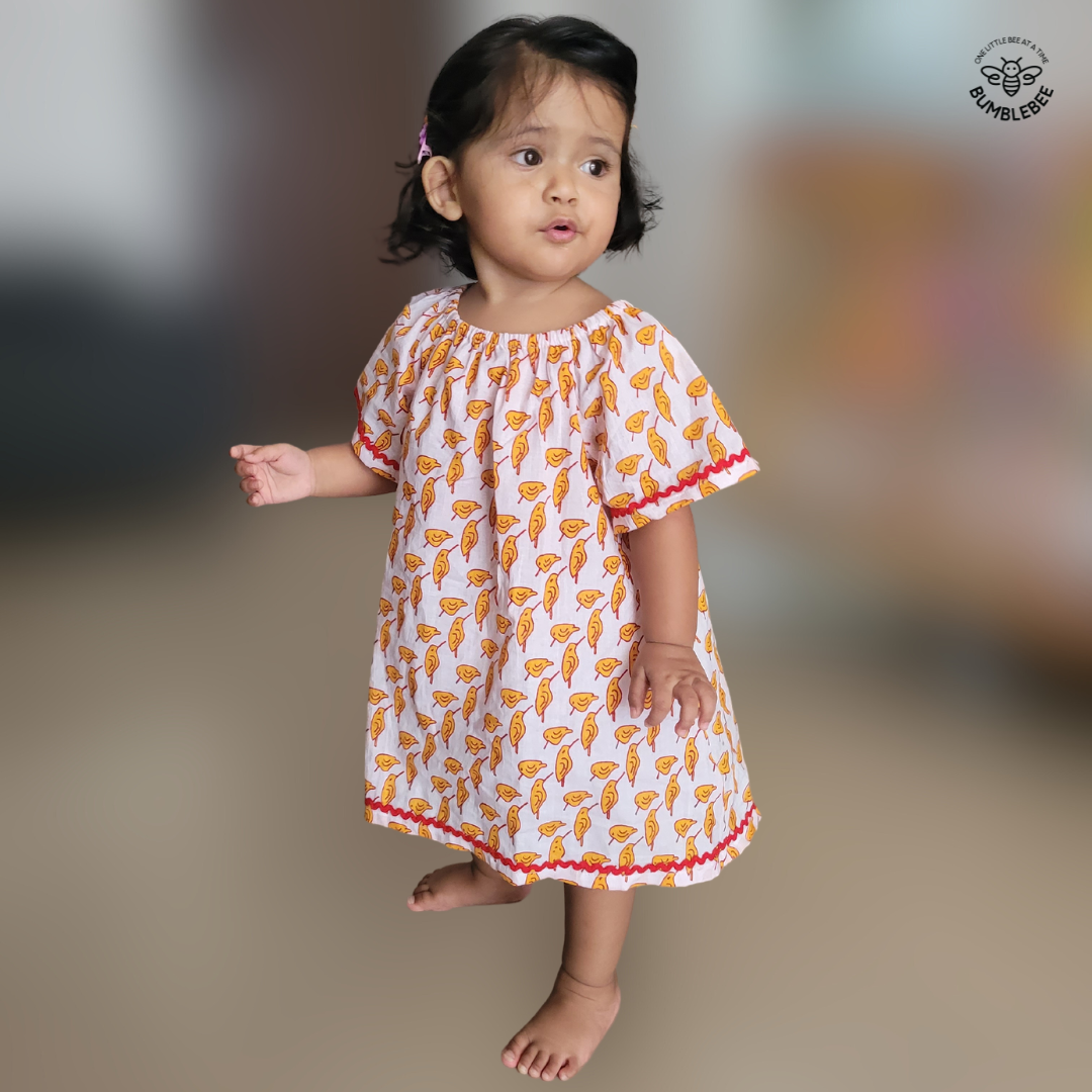 Orange Hummingbirds Cotton Smock Dress