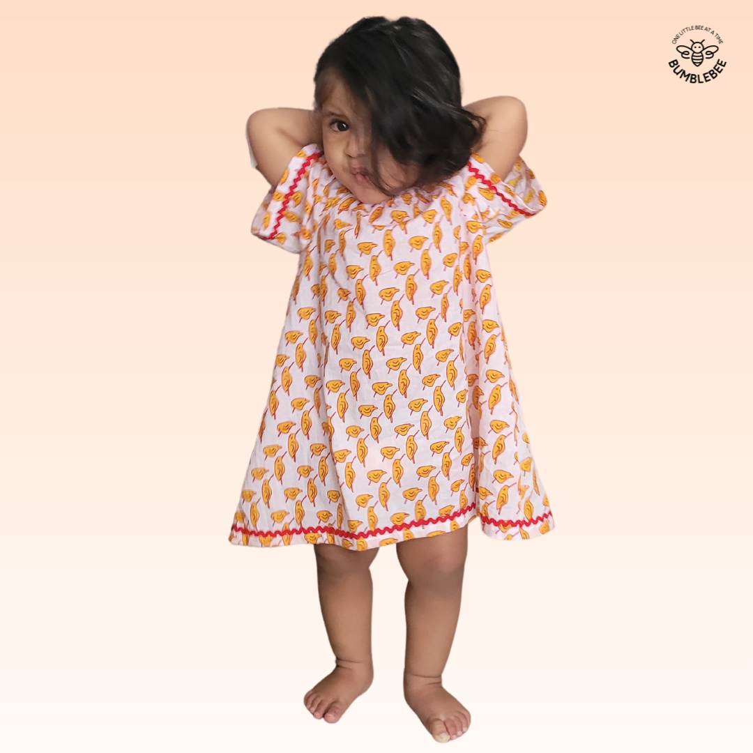 Orange Hummingbirds Cotton Smock Dress