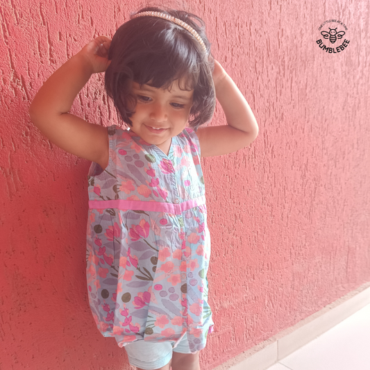 Pink on Blue Floral Cotton Dress