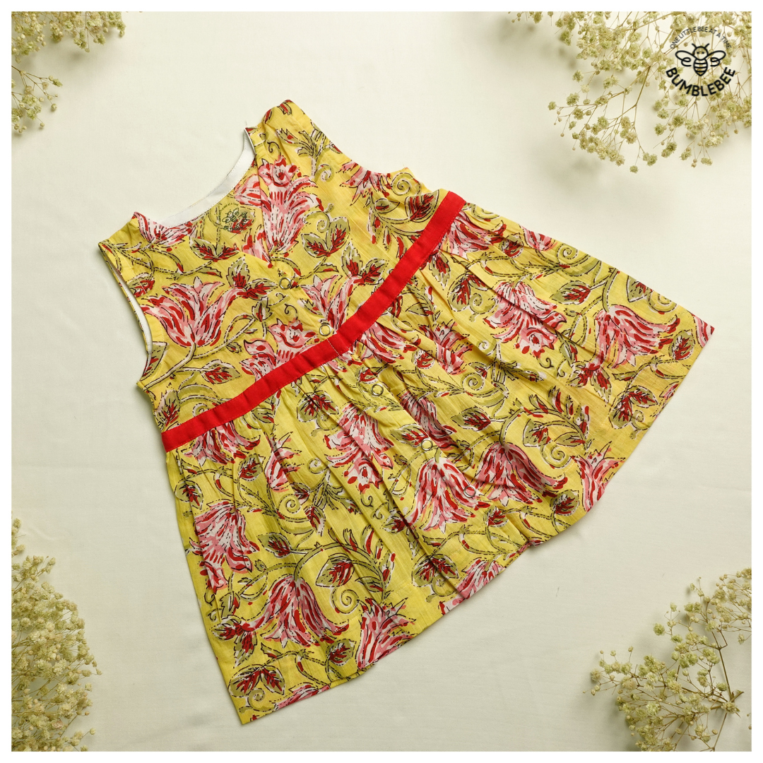 Yellow Pink Flowers Cotton Dress